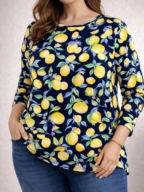 Kim Rogers Lemon Print Top 1X Navy Yellow Fruit Cotton Casual Tee